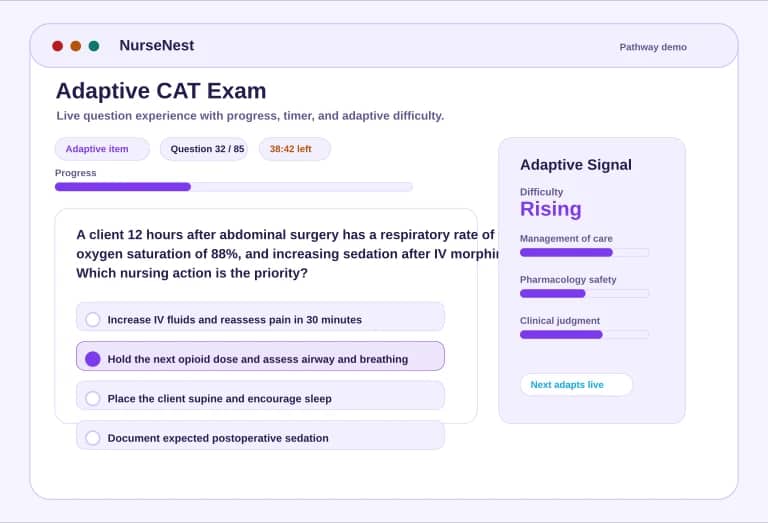 CNPLE adaptive CAT preview showing a question, answer options, progress, timer, and adaptive badge