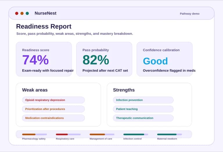 CNPLE readiness report preview showing readiness score, pass probability, weak areas, strengths, and mastery breakdown