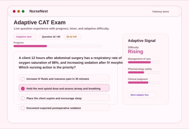CNPLE adaptive CAT preview showing a question, answer options, progress, timer, and adaptive badge