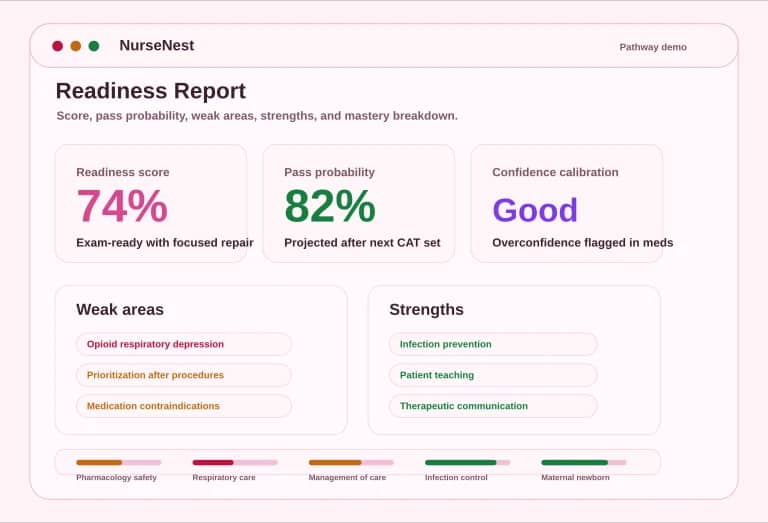 CNPLE readiness report preview showing readiness score, pass probability, weak areas, strengths, and mastery breakdown