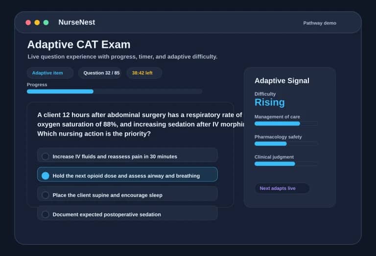 CNPLE adaptive CAT preview showing a question, answer options, progress, timer, and adaptive badge
