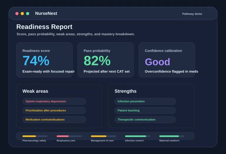 CNPLE readiness report preview showing readiness score, pass probability, weak areas, strengths, and mastery breakdown
