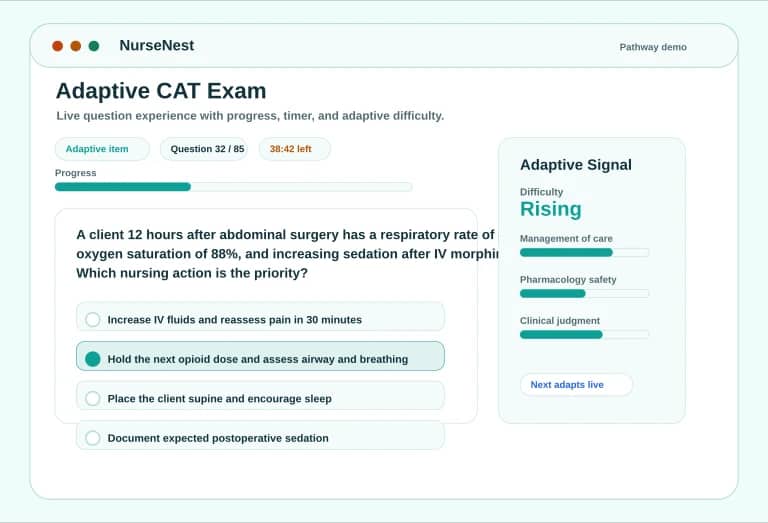 CNPLE adaptive CAT preview showing a question, answer options, progress, timer, and adaptive badge