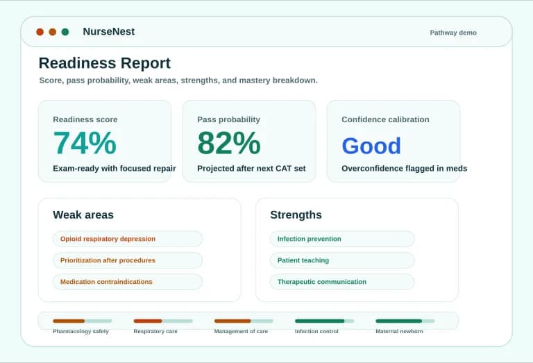CNPLE readiness report preview showing readiness score, pass probability, weak areas, strengths, and mastery breakdown