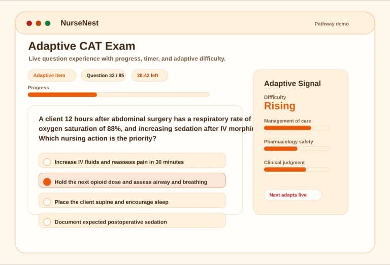 CNPLE adaptive CAT preview showing a question, answer options, progress, timer, and adaptive badge