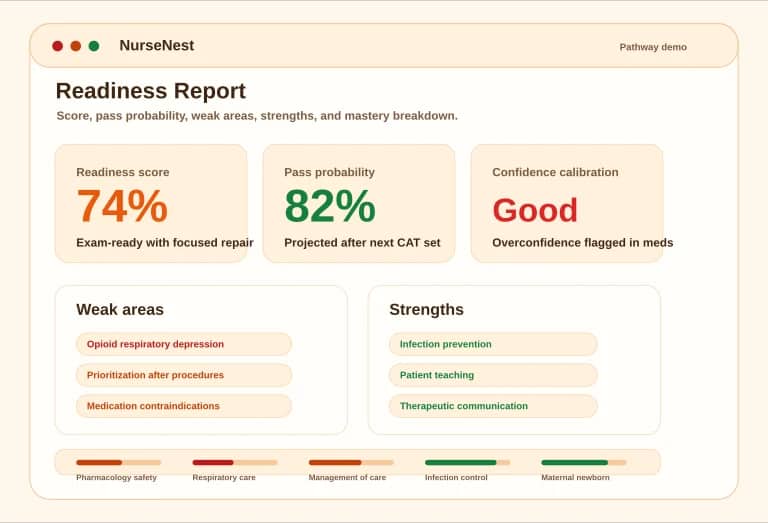 CNPLE readiness report preview showing readiness score, pass probability, weak areas, strengths, and mastery breakdown