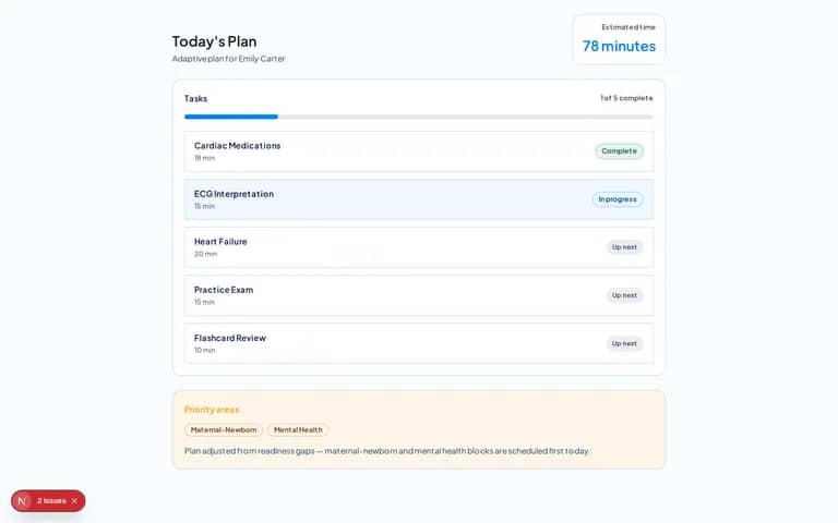 NurseNest adaptive study plan with daily review blocks and linked study activities.