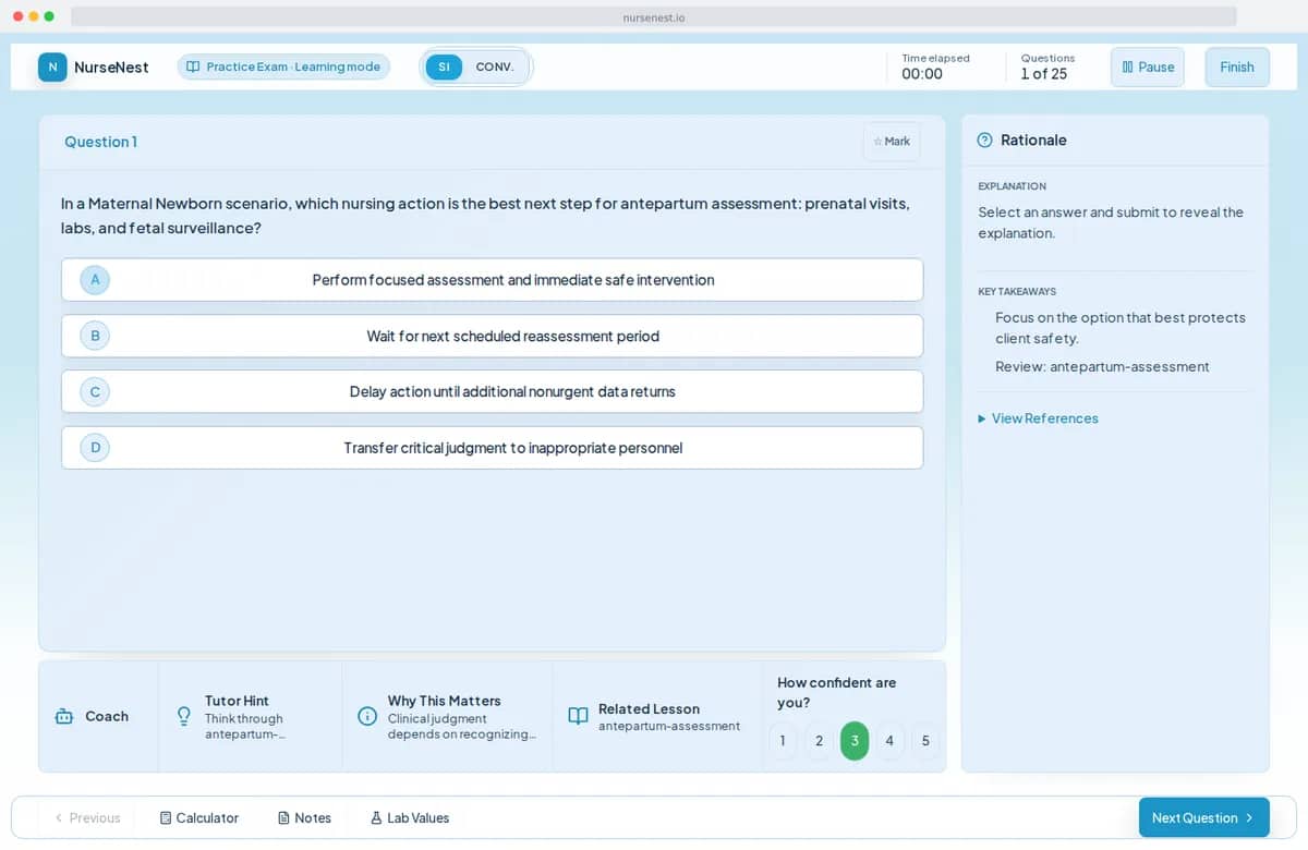 NurseNest practice runner showing a rationale panel with correct-answer explanation, incorrect-option breakdowns, and a concise takeaway.